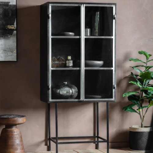 CULLMAN INDUSTRIAL METAL AND GLASS DRINKS CABINET